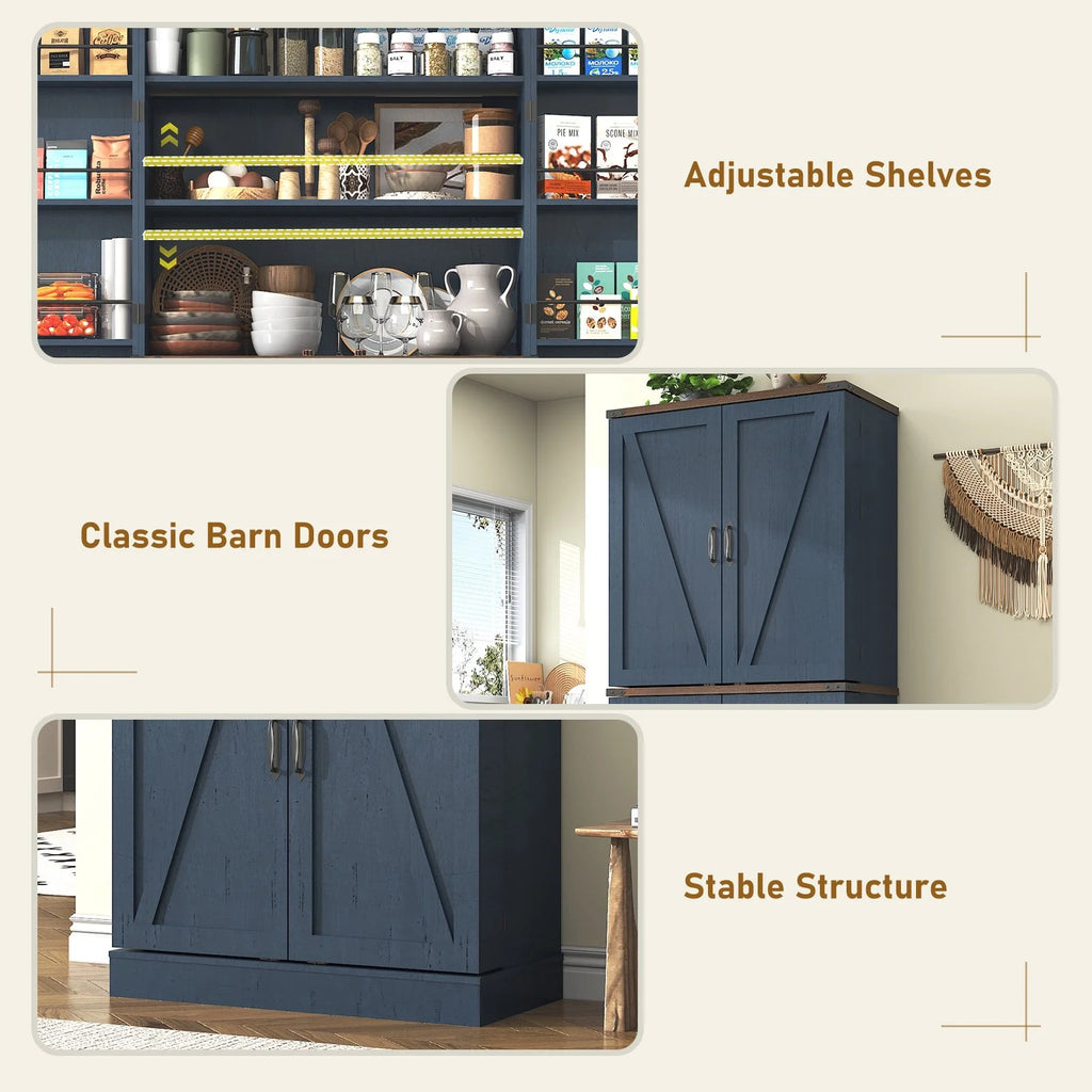 71" Tall Farmhouse Kitchen Pantry with 12 Side Shelves & Adjustable Shelves, 5 Layers Pantry Storage Cabinet w/Load-Bearing Steel Pipe & 4 Barn Doors for Kitchen, Dining Room, Living Room, Brown