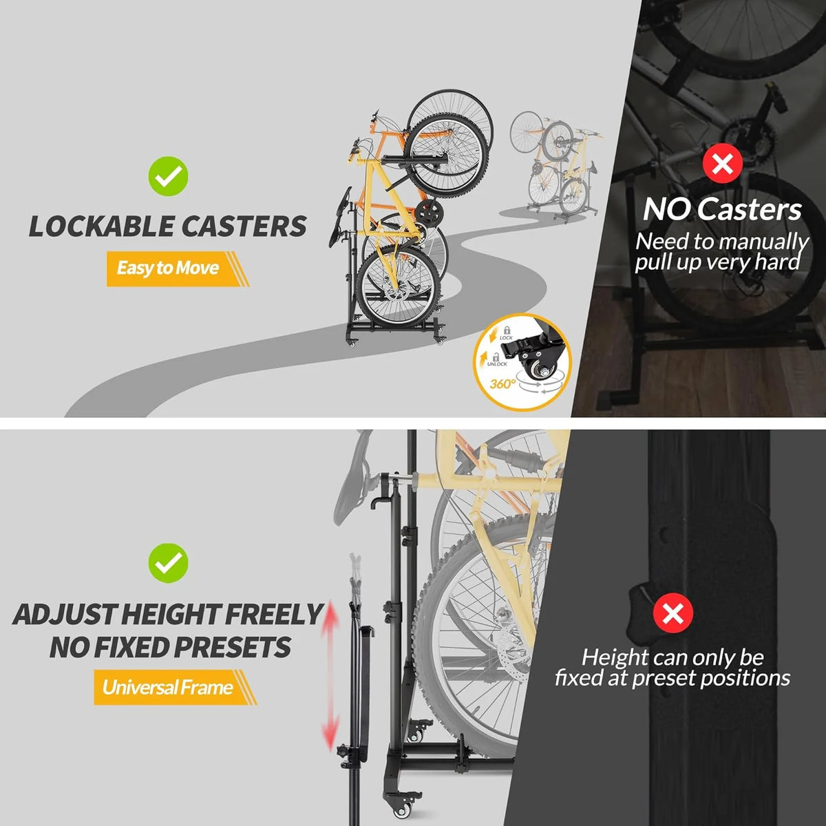 Vertical Bike Stands (2 Pack)��Standing Bike Rack for Garage Floor��Upright Bicycle Floor Stand Indoor Bike Holder with Adjustable Height for Garage & Apartment - for Wheels Sizes up to 29��