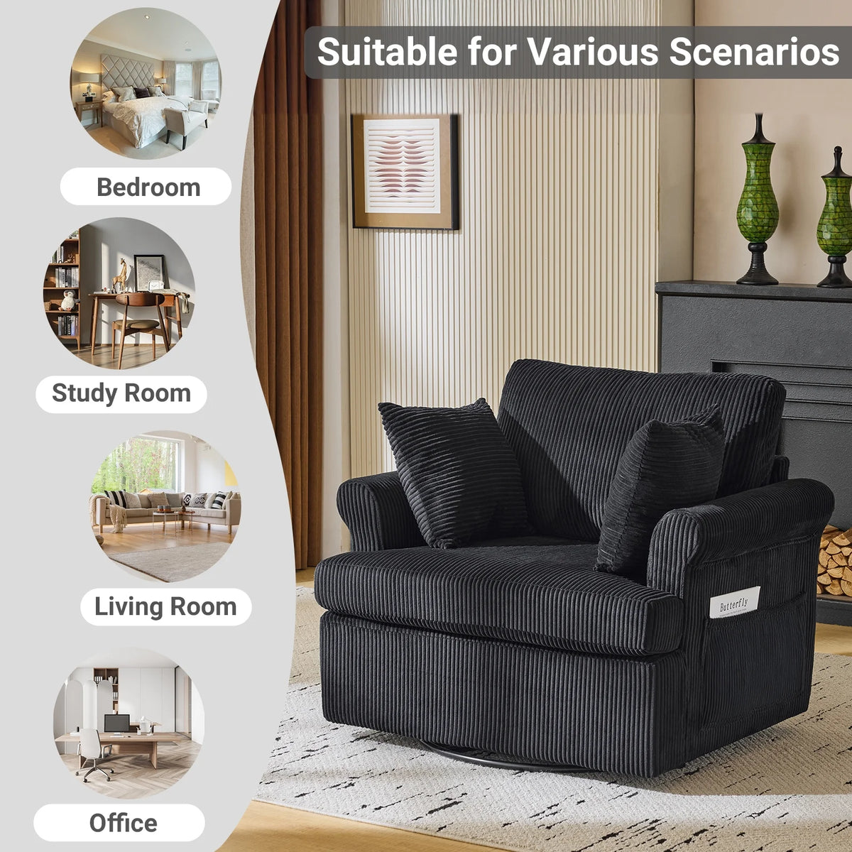 Ktaxon Swivel Accent Chair, 360-Degree Rotation Reading Chair, Corduroy Fabric Sofa with Armrest Pockets, Solid Metal Base, Perfect for Living Room Bedroom Black