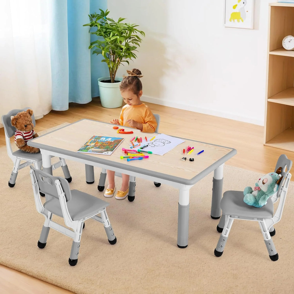 LAZY BUDDY Kids Table and 4 Chairs Set, Height Adjustable Toddler Desk with Graffiti Desktop, Kids Activity Table Set for Daycare, Home