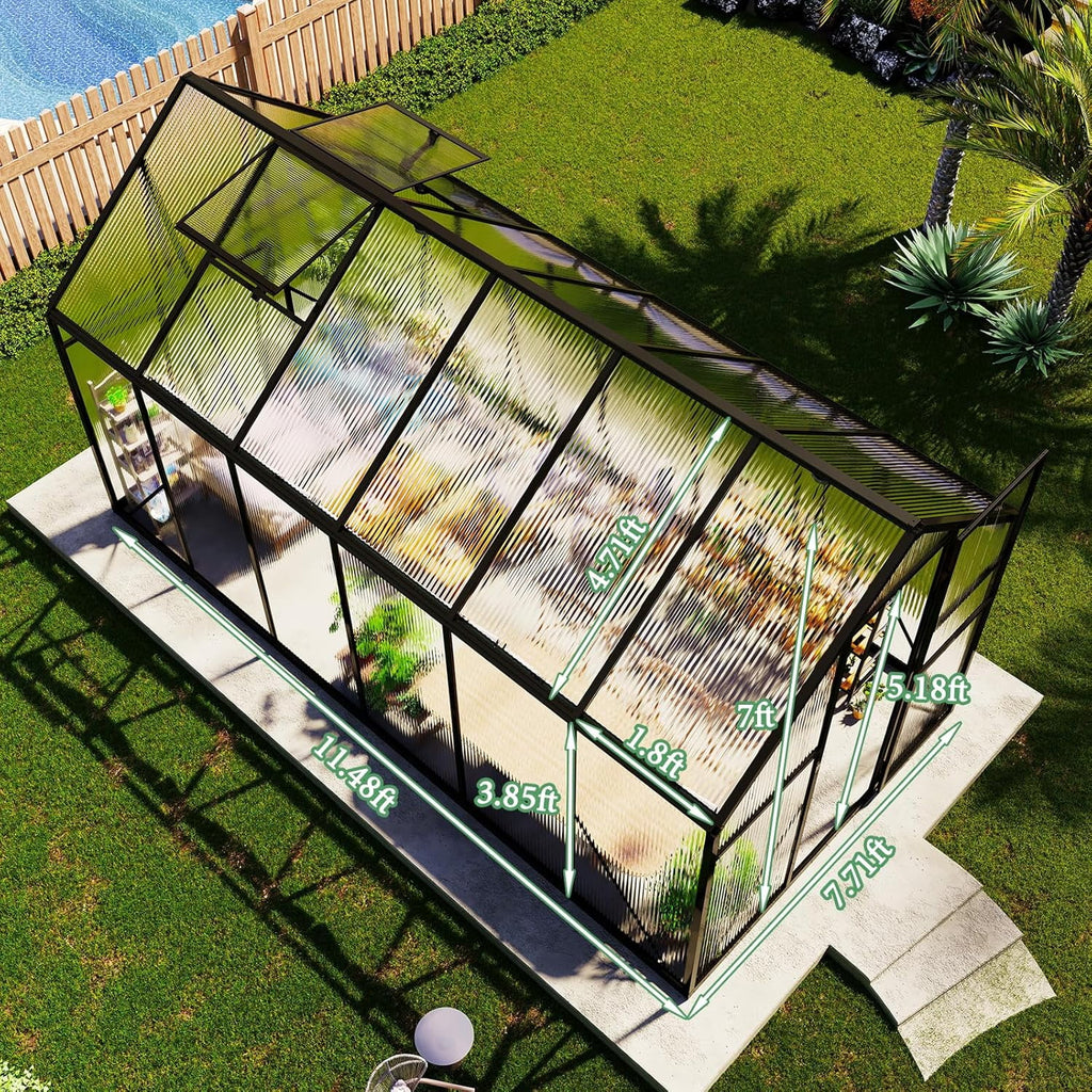 Jocisland 8x8x7 FT Polycarbonate Walk-In Greenhouse with Aluminum Frame, 2 Top-Opening Windows & 2 Swing Doors, Heavy Duty for Outdoor Garden Use, Black