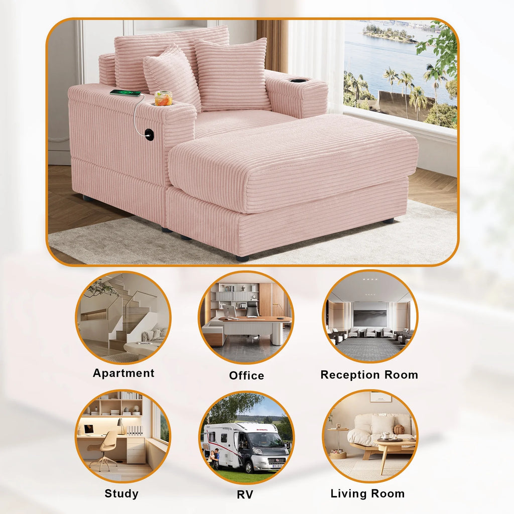 Wiilayok Oversized Lounge Chair Indoor,54" Corduroy Cloud Chaise Lounge Couch Indoor with Ottoman,Cup Holder for Living Room,Bedroom,Beige