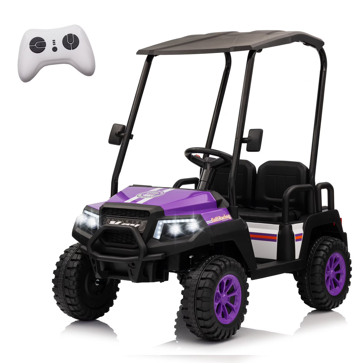 24V XL Kids Ride on Golf Cart, Electric Car w/Remote Control, Detachable Awning, 4 Seats, 3 Speeds, LED Lights, Spring Suspension, Bluetooth, Audio, Blue