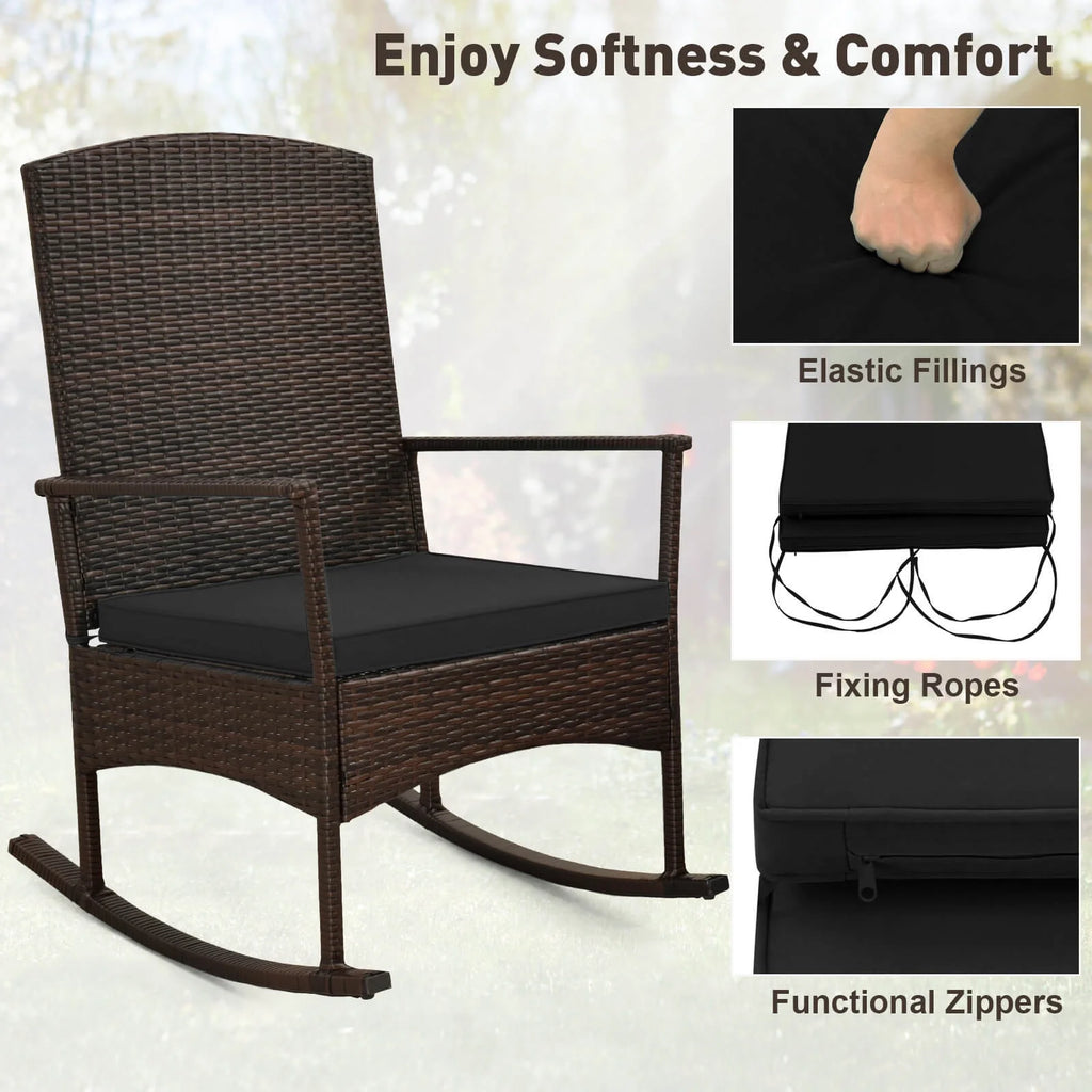 Costway Serenity 3 Piece Patio Rocking Wicker Rockers with White Cushions 2 Tier Coffee Table