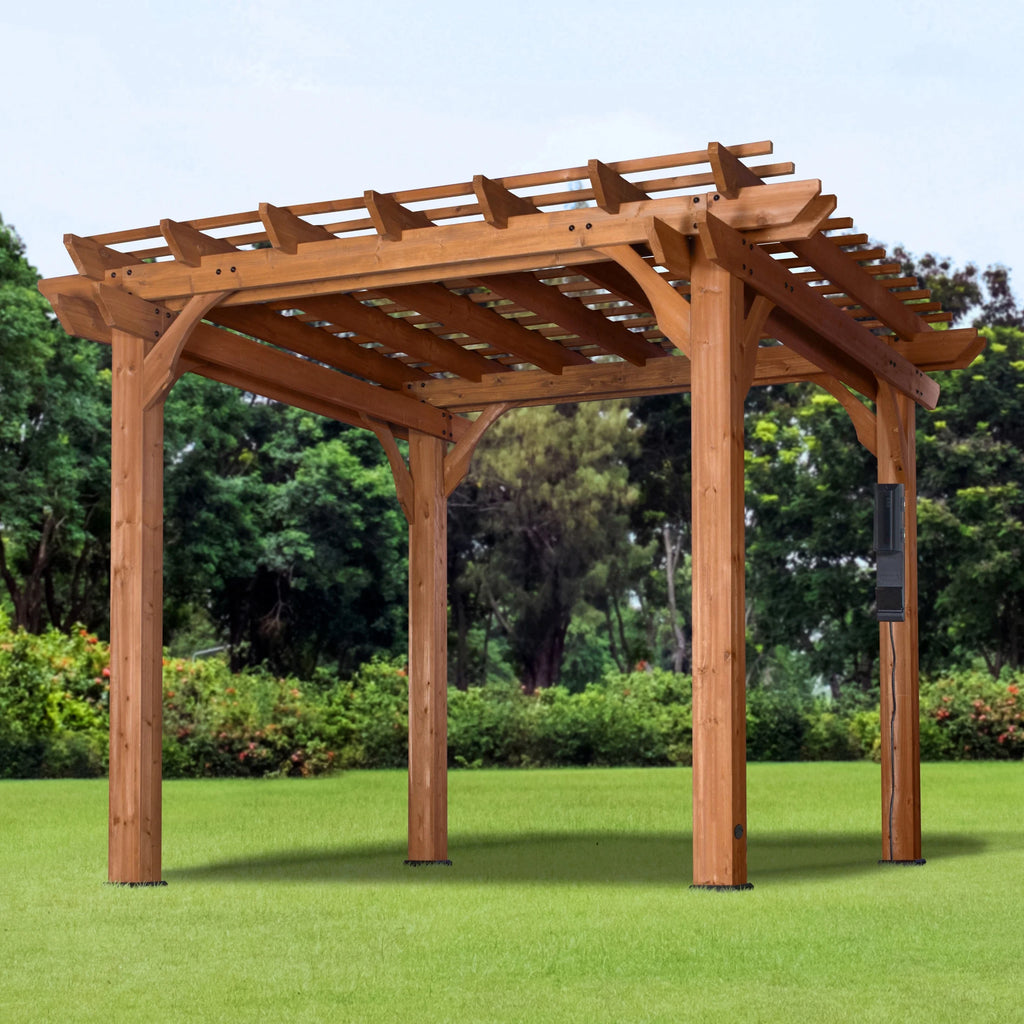 Backyard Discovery Beaumont 10'x10' Cedar Wood Patio Pergola Kit, Trellis Roof, PowerPort