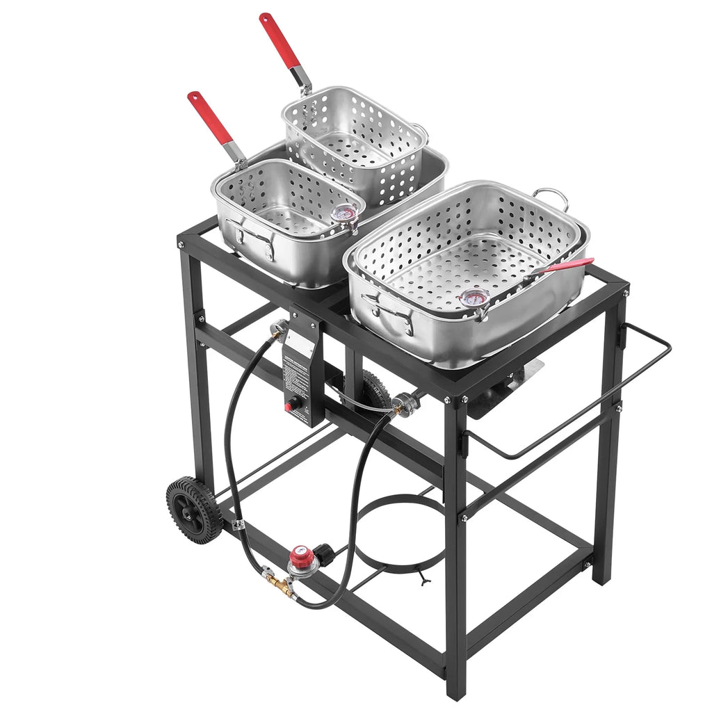 KFFKFF Outdoor Propane Deep Fryer, Dual-Tank 18QT x 2 Commercial Fryer, Portable Frying Cart with Wheels, 3 Baskets, 2 Thermometers, Stainless Steel Cooker for Fish, Wings, and Fries, 40,000 BTU
