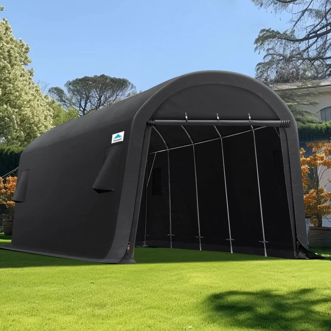 ADVANCE OUTDOOR 10x15 ft Shelter Storage Shed Steel Metal Round Roof Anti-Snow Portable Garage Carport for Motorcycle, Boat, or Garden Tools with 2 Roll up Doors & Vents, Gray