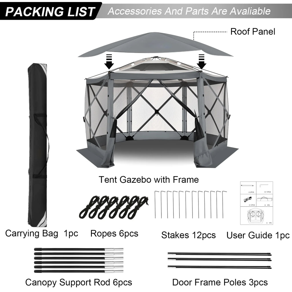 HOTEEL 12x12 Portable Pop-Up Outdoor Camping Gazebo, Screen Tent with Mosquito Nettings, Waterproof, UV, Bite Proof, Removable top Glamping Canopy with Carry Bag, Gray
