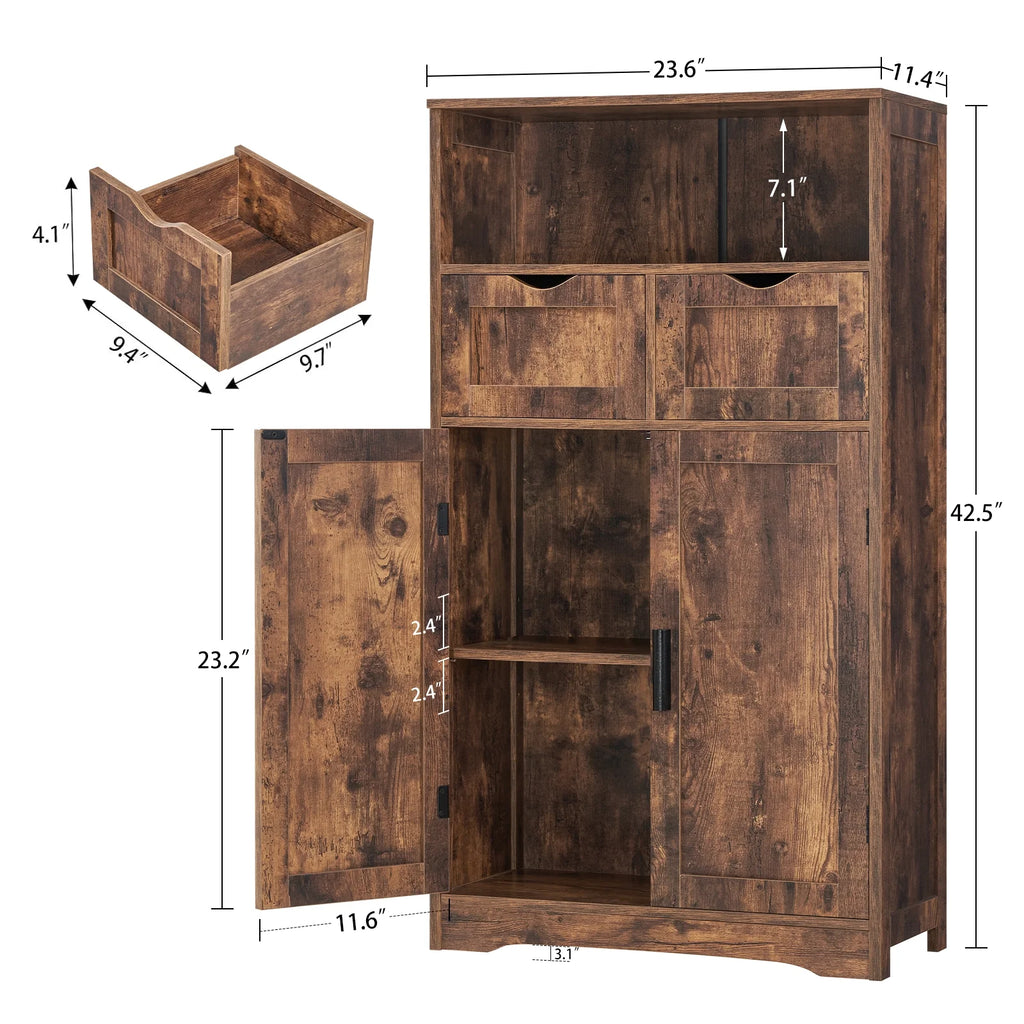 FANGSUM Rattan Storage Cabinet with 2 Drawers & 2 Shelves, Floor Cabinet for Living Room
