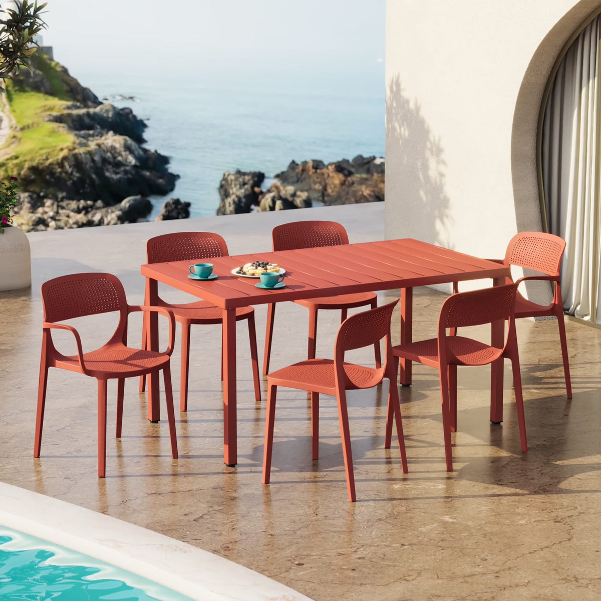 WestinTrends Playa 7-Piece Outdoor Rectangular Metal Patio Dining Table Set With Stackable Patio Dining Chairs, Red