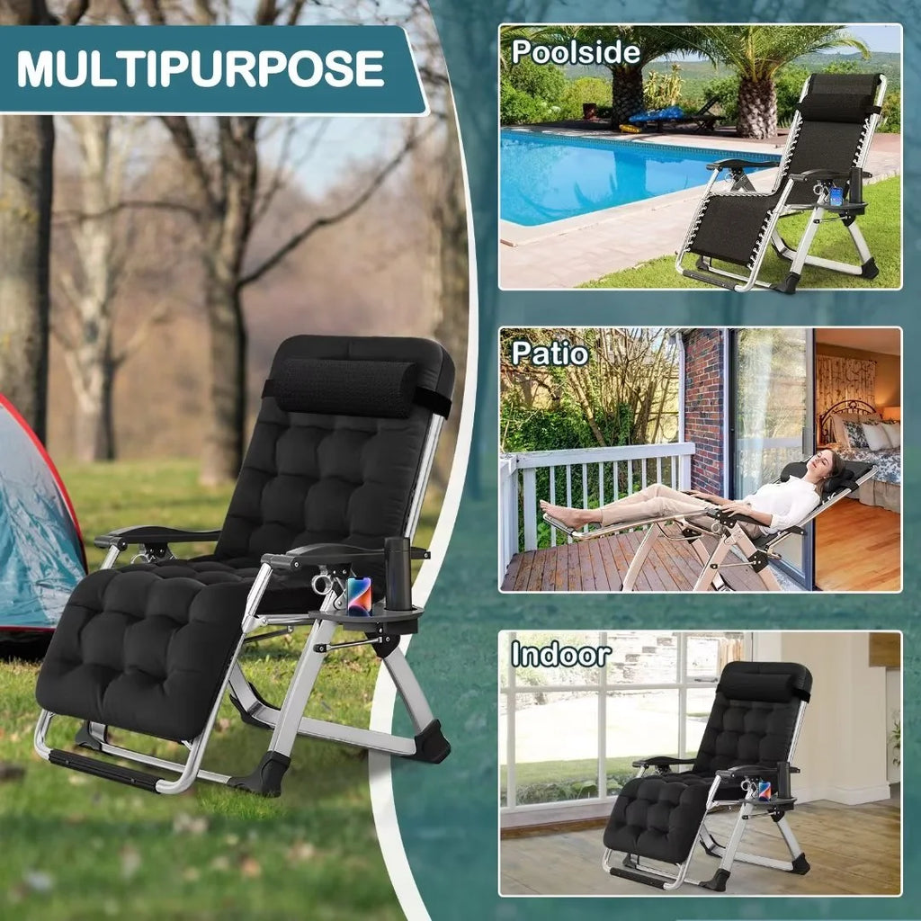 NAIZEA 2 Pack Zero Gravity Chair, Foldable Portable Lawn Recliner with Cushion, Headrest, Cup Holder, Black
