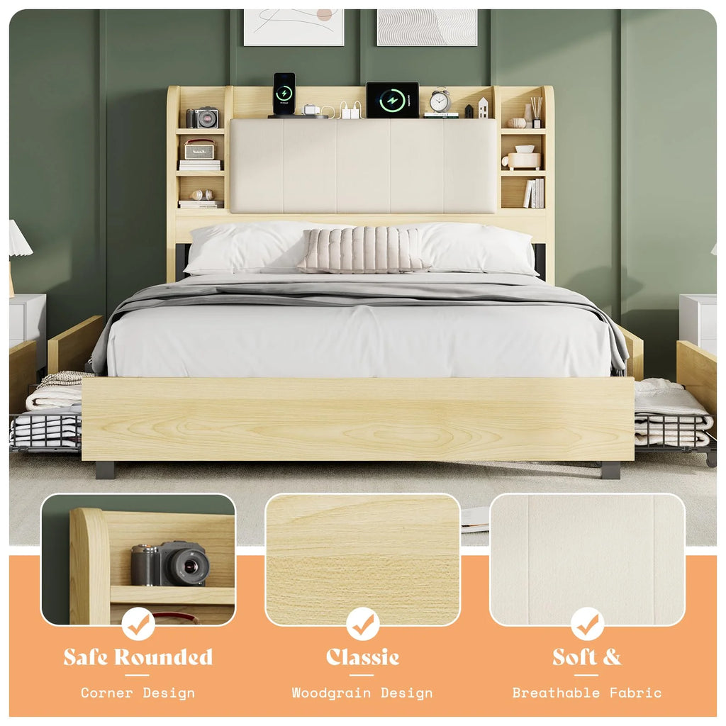 PLAUIN King Size Bed Frame with Storage Drawers, 47.2" Headboard and Wooden Platform, Grey