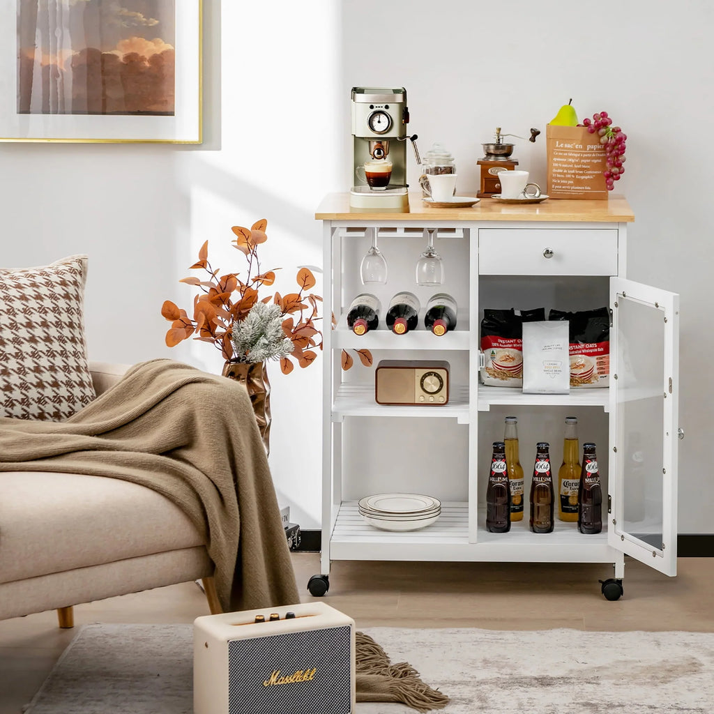 Costway Rolling Kitchen Island Wood Top Trolley Cart Storage Cabinet w/Shelf & Wine Rack