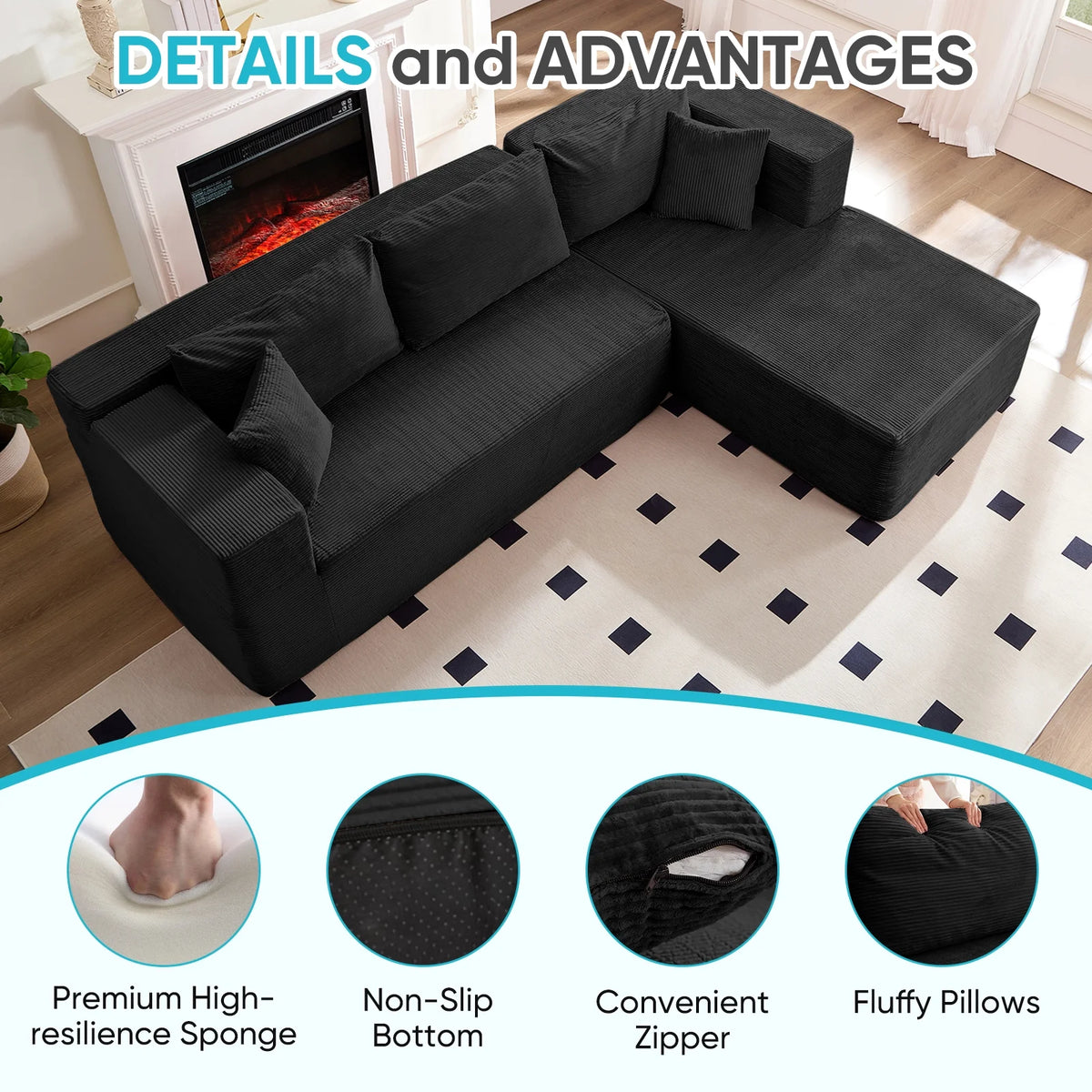 ZAFLY 106" Cloud Sectional Couch with Chaise, No Assembly Required L Shaped Sleeper Sofa, Oversized Deep Seat Modular Couches and Sofas for Living Room - Right, Black