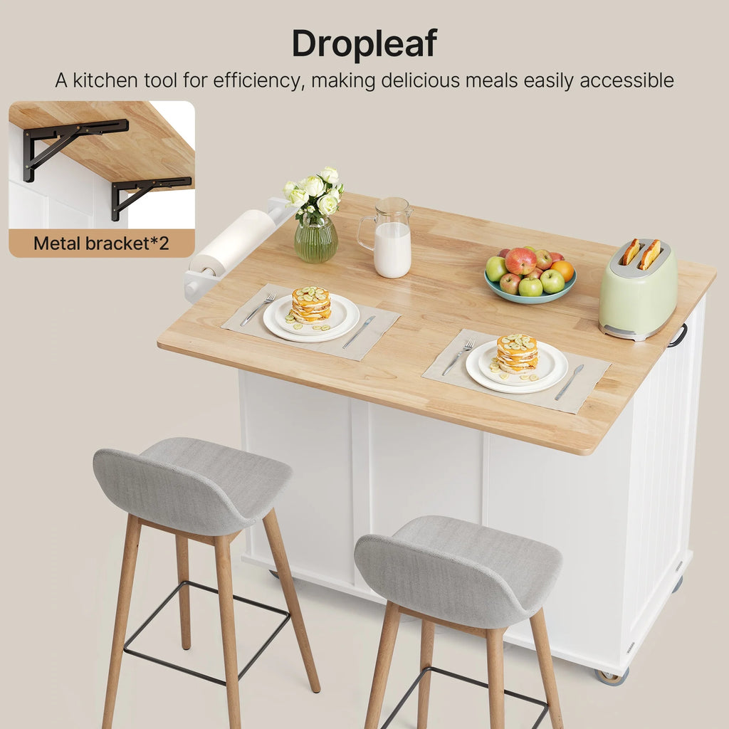 Noelse Rolling Kitchen Island with Drop Leaf Table and Hidden Trash Cabinet, Mobile Kitchen Cart with Storage Drawer, Adjustable Shelves & Rubberwood Countertop on Wheels, White