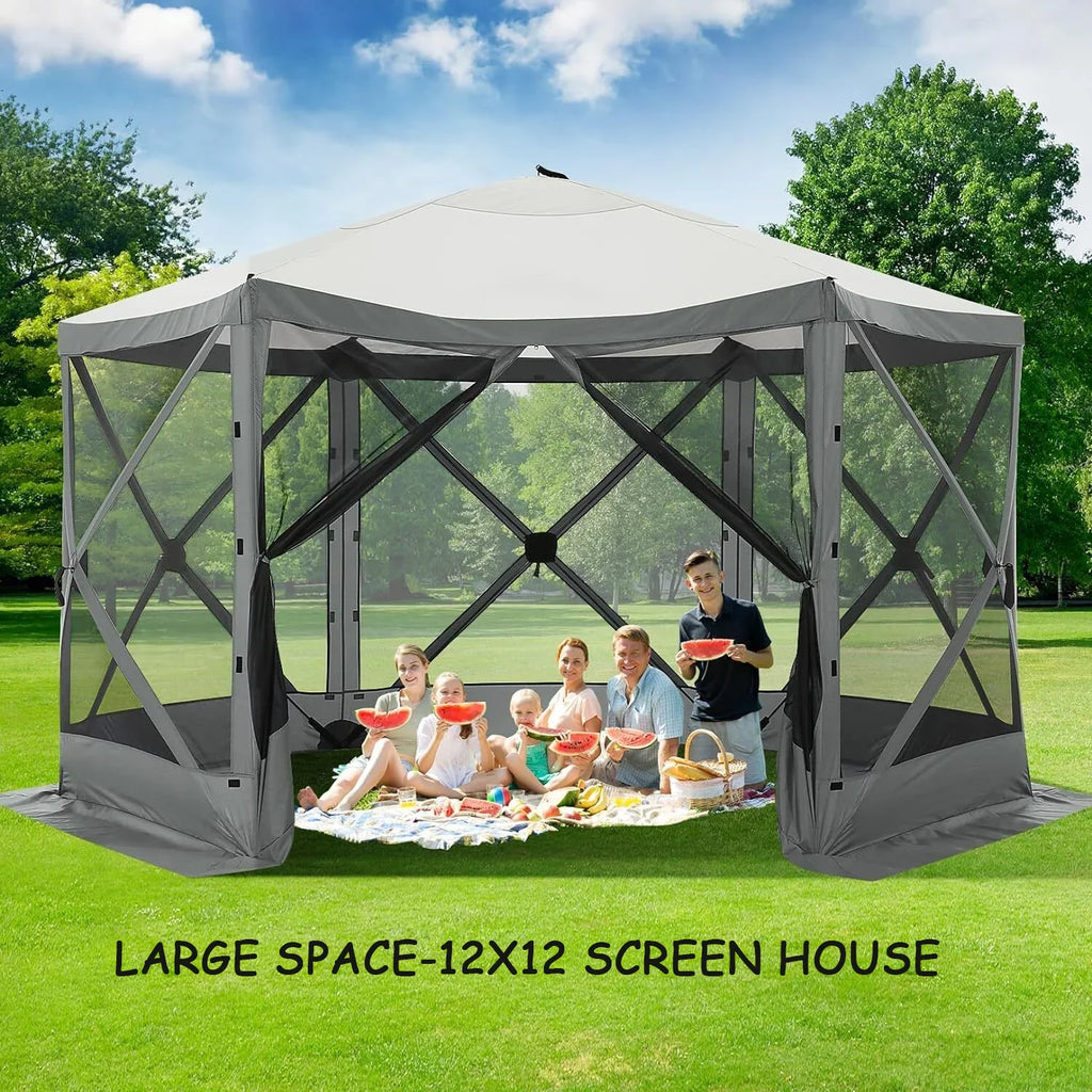 COBIZI 12x12 Pop Up Canopy Gazebo, Outdoor Canopy Tent Screen House with 5 sidewalls and Netting for Camping, Waterproof, UV Resistant, Ez Set-up Party Tent with Carrying Bag and Ground Stakes,Brown