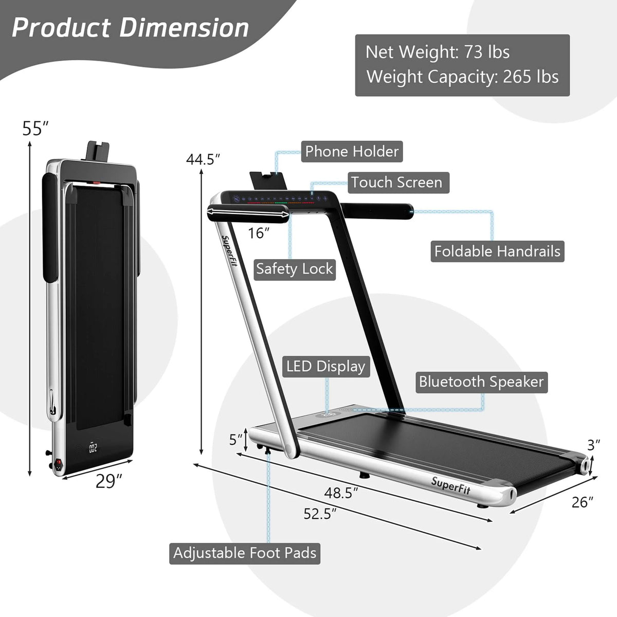 SuperFit Up To 7.5MPH 2.25HP 2 in 1 Dual Display Screen Treadmill Jogging Machine W/APP Control Silver