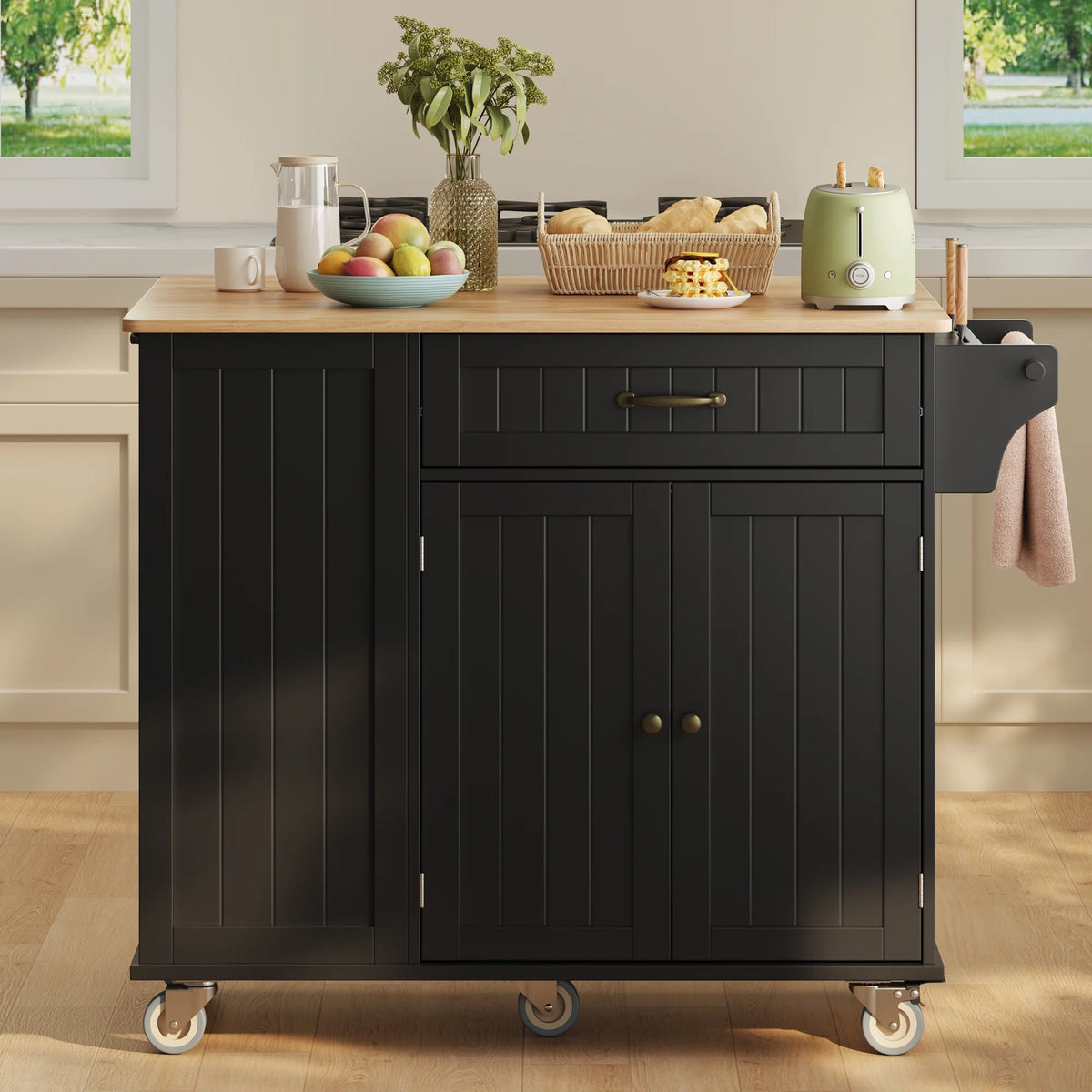 Noelse Rolling Kitchen Island with Drop Leaf Table and Hidden Trash Cabinet, Mobile Kitchen Cart with Storage Drawer, Adjustable Shelves & Rubberwood Countertop on Wheels, White