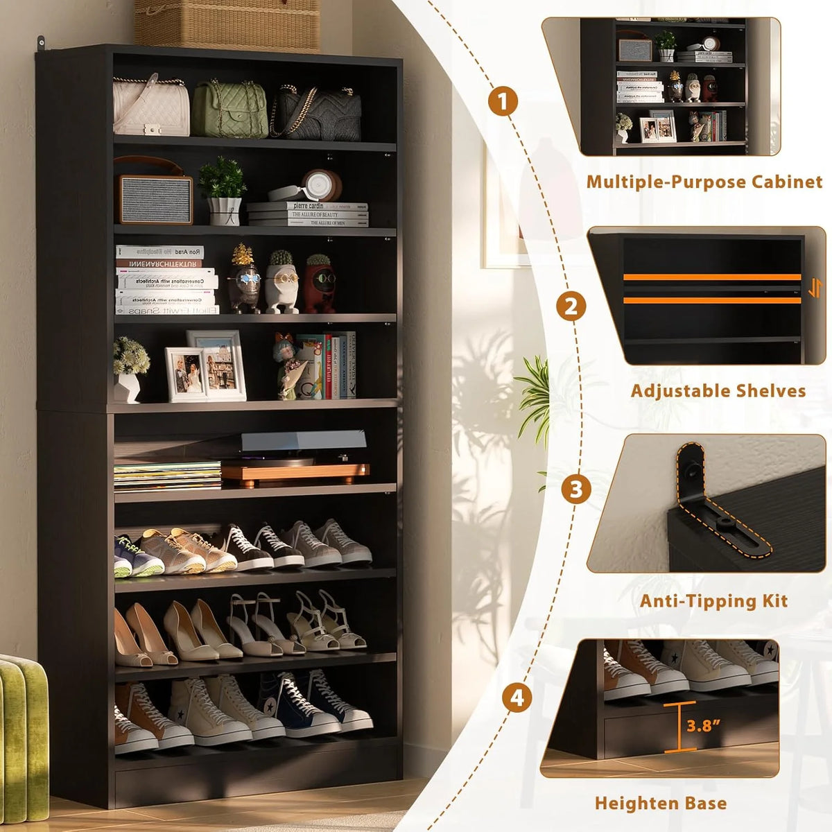 Homieasy Tall Shoe Cabinet, 9-Tier Wood Shoe Storage Organizer, Freestanding Shoe Storage Cabinet with Large Capacity, Vertical Space Saving Shoe Rack, White
