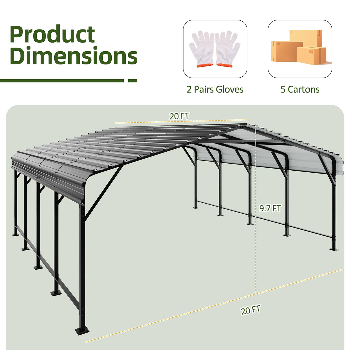 Walsunny 12X20 FT Carport, Outdoor Heavy Duty Carport Canopy with Galvanized Steel Roof, Metal Carport Extra Large Garage Car Storage Shelter