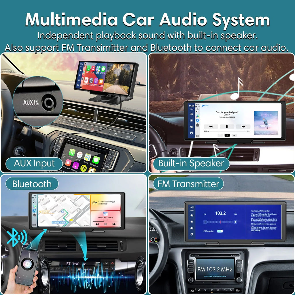 Wireless Carplay Android Auto Portable Car Stereo, 64G SD Card, 2.5K Dash Cam, Backup Camera, Bluetooth, GPS Navigation Car Radio, Bluetooth/FM Transmission, 10" Touchscreen Carplay Screen