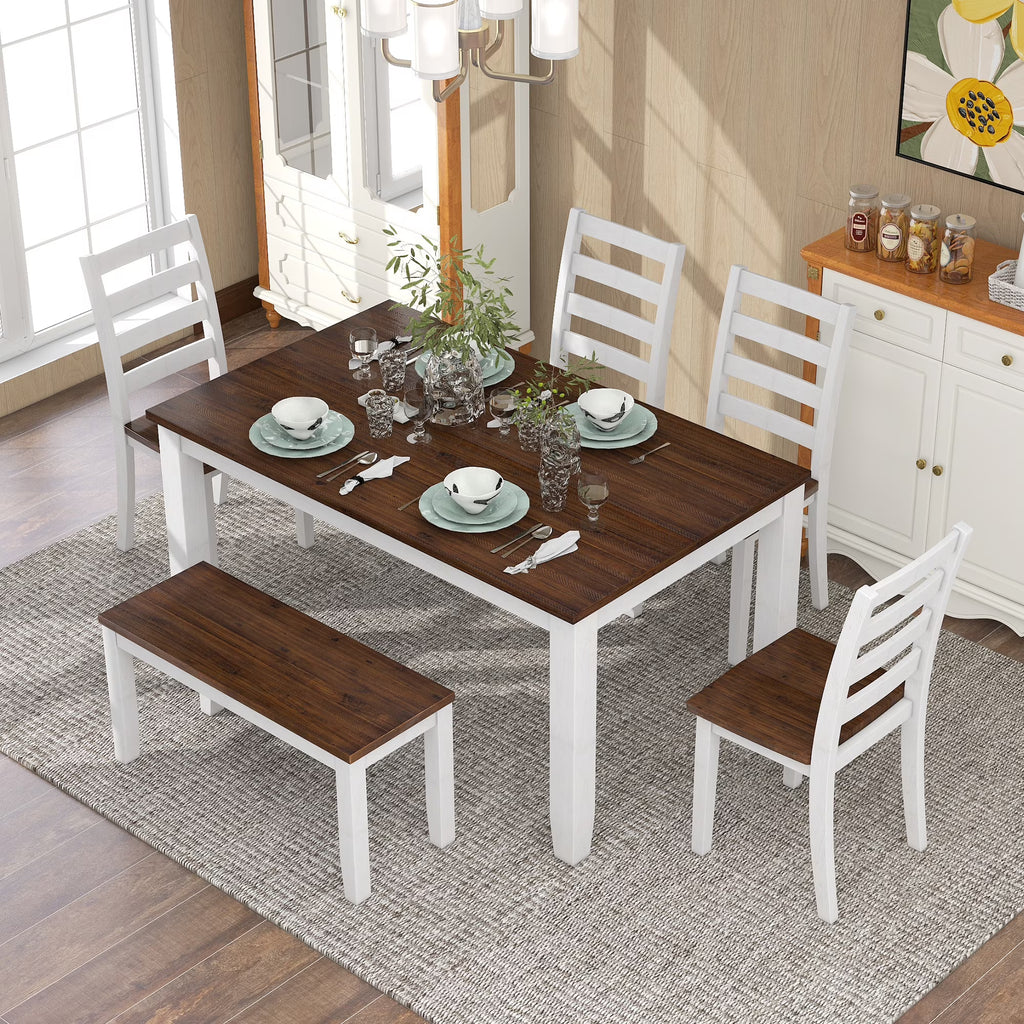 Rustic Dining table Set for 6, Wooden Rectangular Kitchen Dining Table with 4 Upholstered Dining Chairs and 1 Padded Bench, Dining Set with 4 Chairs, Dining Set for 6, Brown+Whitewash