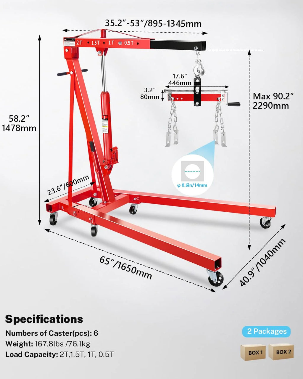 Garvee 2-Ton Shop Crane with Lever, Hydraulic Folding Engine Hoist w/6 Steel Casters - Lift Car Transmissions, Boat Motors, Farm Equipment
