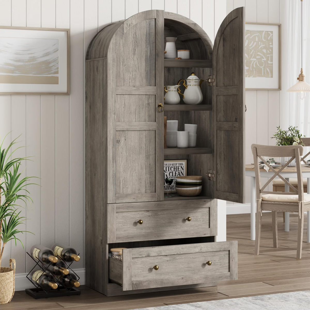 72" Tall Arched Kitchen Pantry Cabinet,Farmhouse Wood Pantry Storage Cabinet with 2 Large Drawers,Glass Door,Freestanding Versatile Pantry Cabinets Kitchens Storage Cabinets for Dining,Living Room