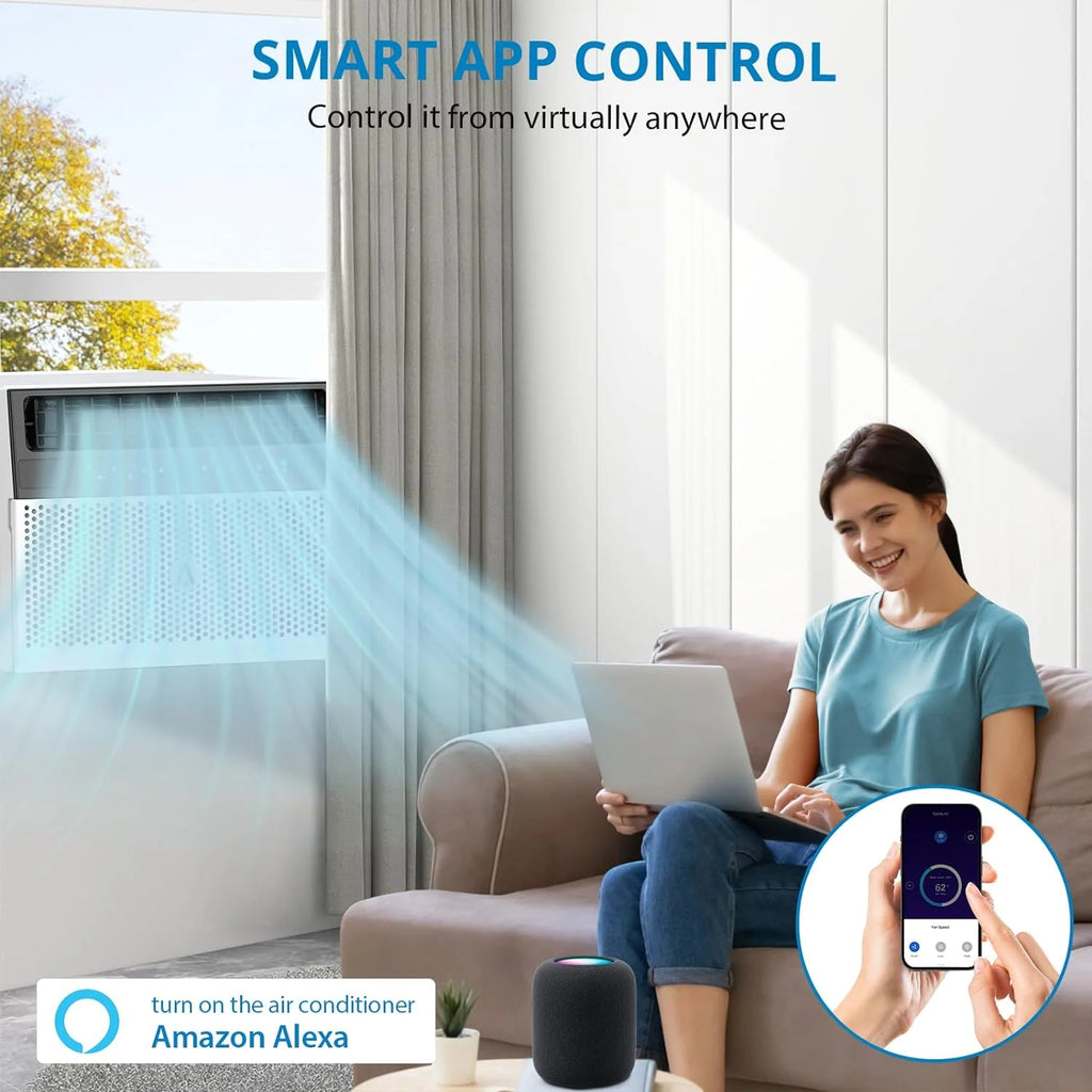 8,000 BTU Window Air Conditioner, Wi-Fi Enabled with Remote Control, Cools Up to 370 Sq. Ft., Washable Filter, Ultra-Quiet and Energy Efficient, Sleek White Design