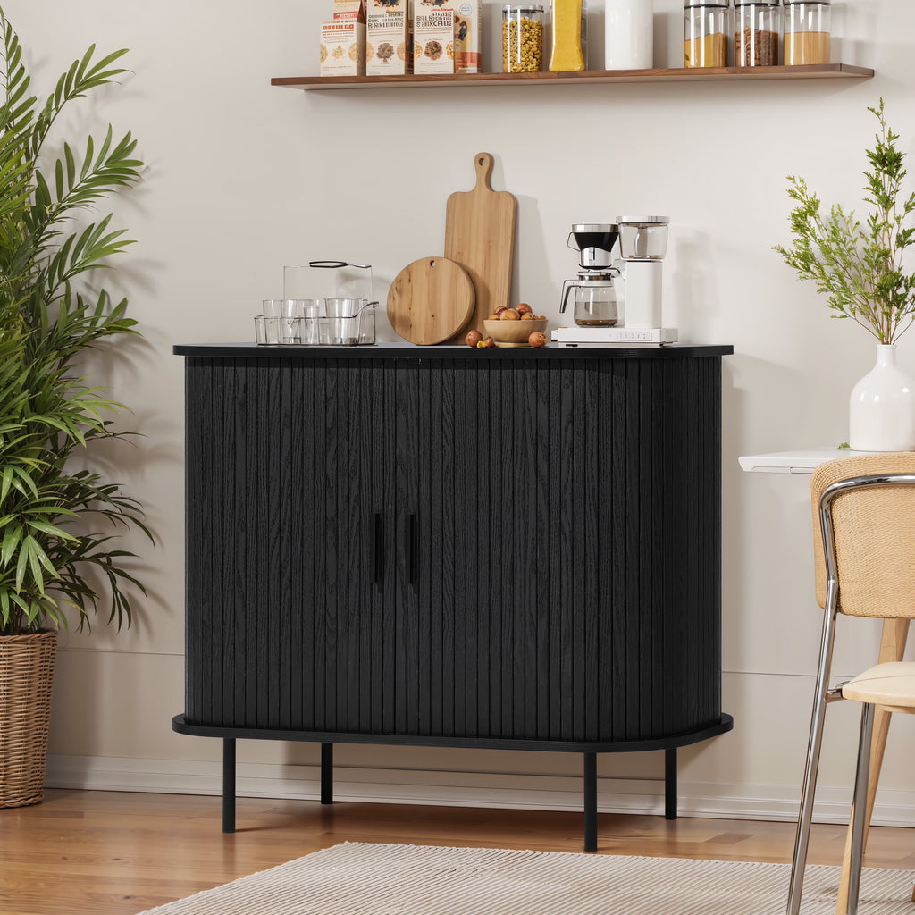 LuxenHome 35" Mid Century Modern Accent Cabinet, Small Buffet Cabinet with Sliding Door, Oak