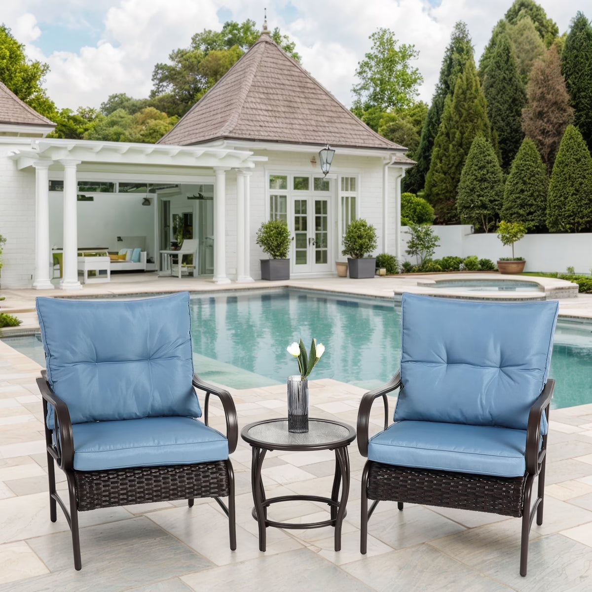 Villeston 3 Piece Outdoor Wicker Conversation Patio Set, with 2 Chairs, Table for Porch Garden,Blue