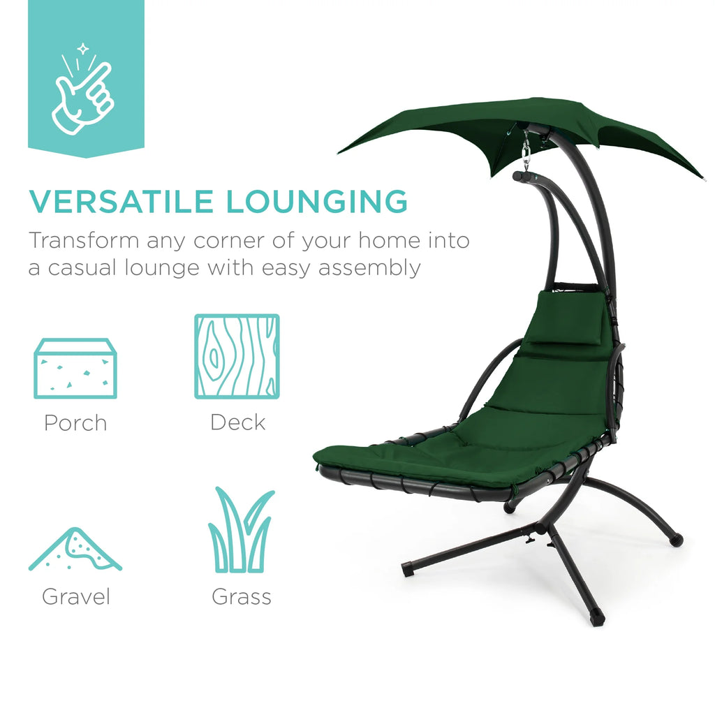 Best Choice Products Hanging Curved Chaise Lounge Chair Swing for Backyard, Patio w/ Pillow, Shade, Stand - Teal