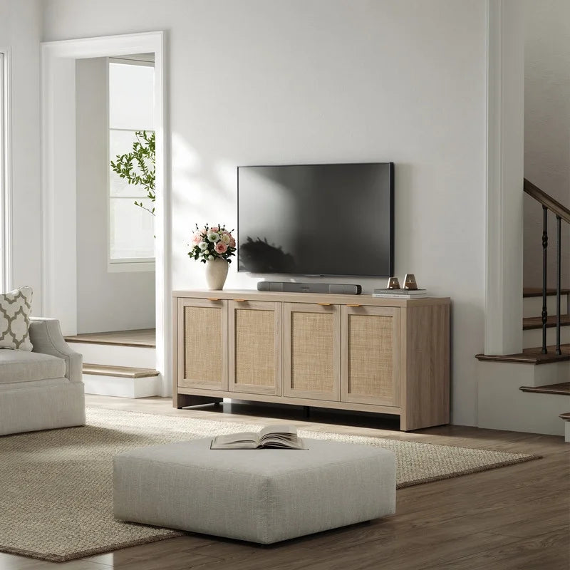 SICOTAS 61.5"W Rattan TV Stand with 4 Doors, Boho Entertainment Center with Adjustable Shelves & Spacious Countertop �C Large Boho Farmhouse Media Console for Living Room, Reclaimed Caramel Oak