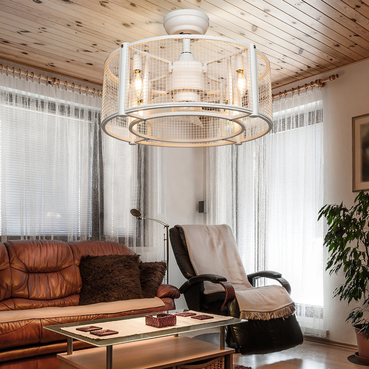 Costway 20'' Caged Bladeless Ceiling Fan with Light Reversible Motor & Remote Control