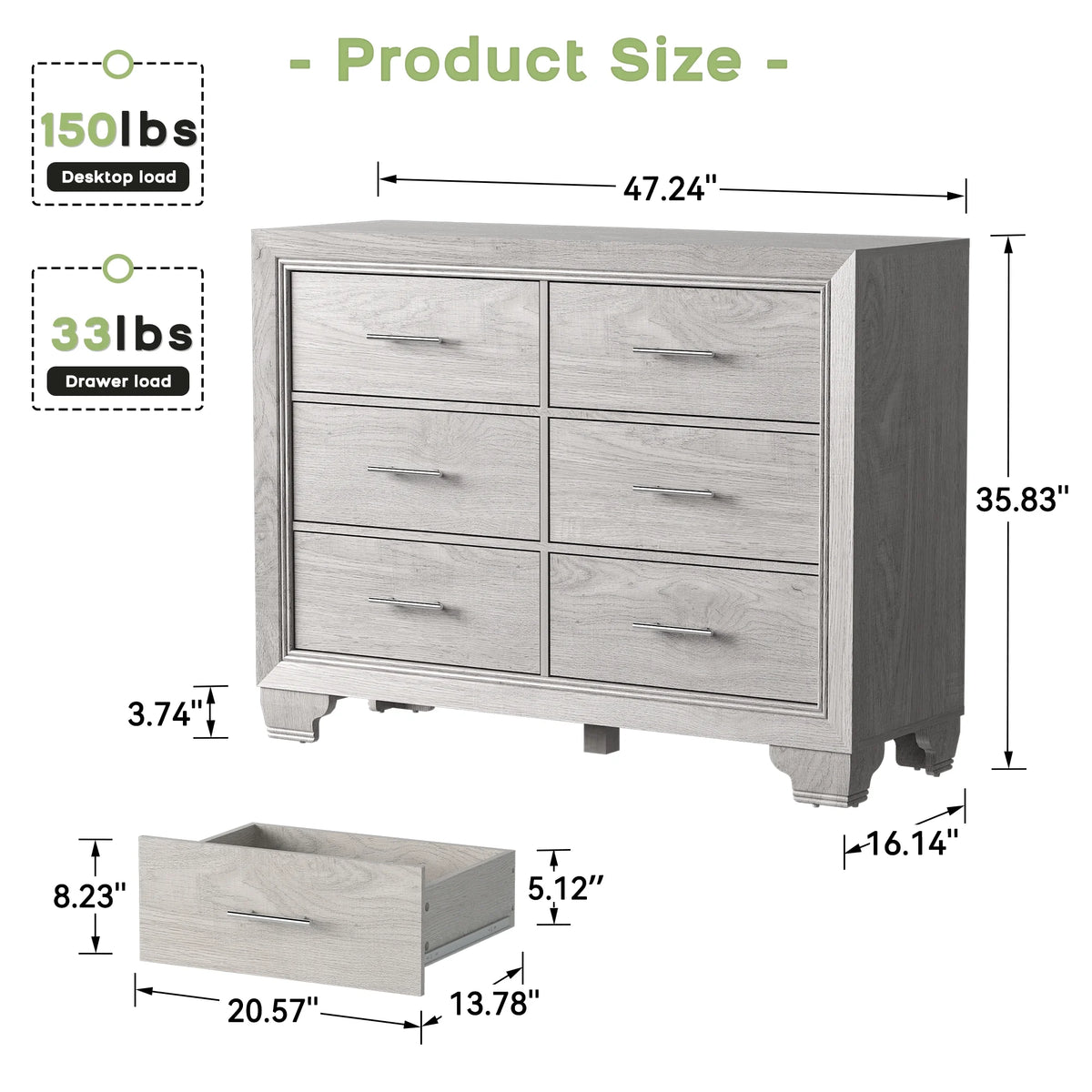 Homhougo White Dresser for Bedroom 6 Drawer, Wood Organizer Storage Cabinet with Gray Strip Drawer Door, Chest of Drawers for Closet, Living Room, Hallway, Nursery, Kids Bedroom