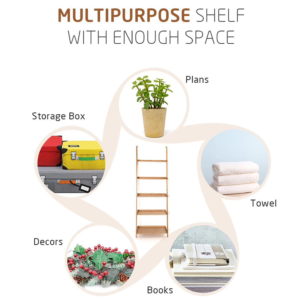 Costway 5-Tier Ladder Shelf Bamboo Bookshelf Wall-Leaning Storage Display Plant Stand