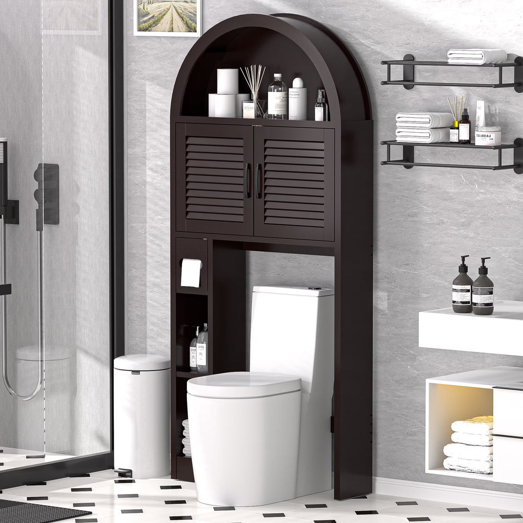 HARIPUL Over The Toilet Storage Cabinet w/ Unique Wood Grain & Arc Design, Freestanding Bathroom Shelf Organizer Space Saver w/ Doors & Anti-Tip Device, Wood Color