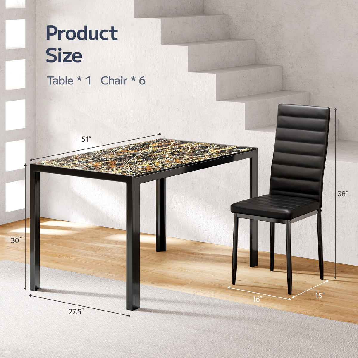 Asofer Modern 7 Piece Dining Table Sets for 6, Glass Kitchen Table, PU Leather Chair, Dining Room, Black