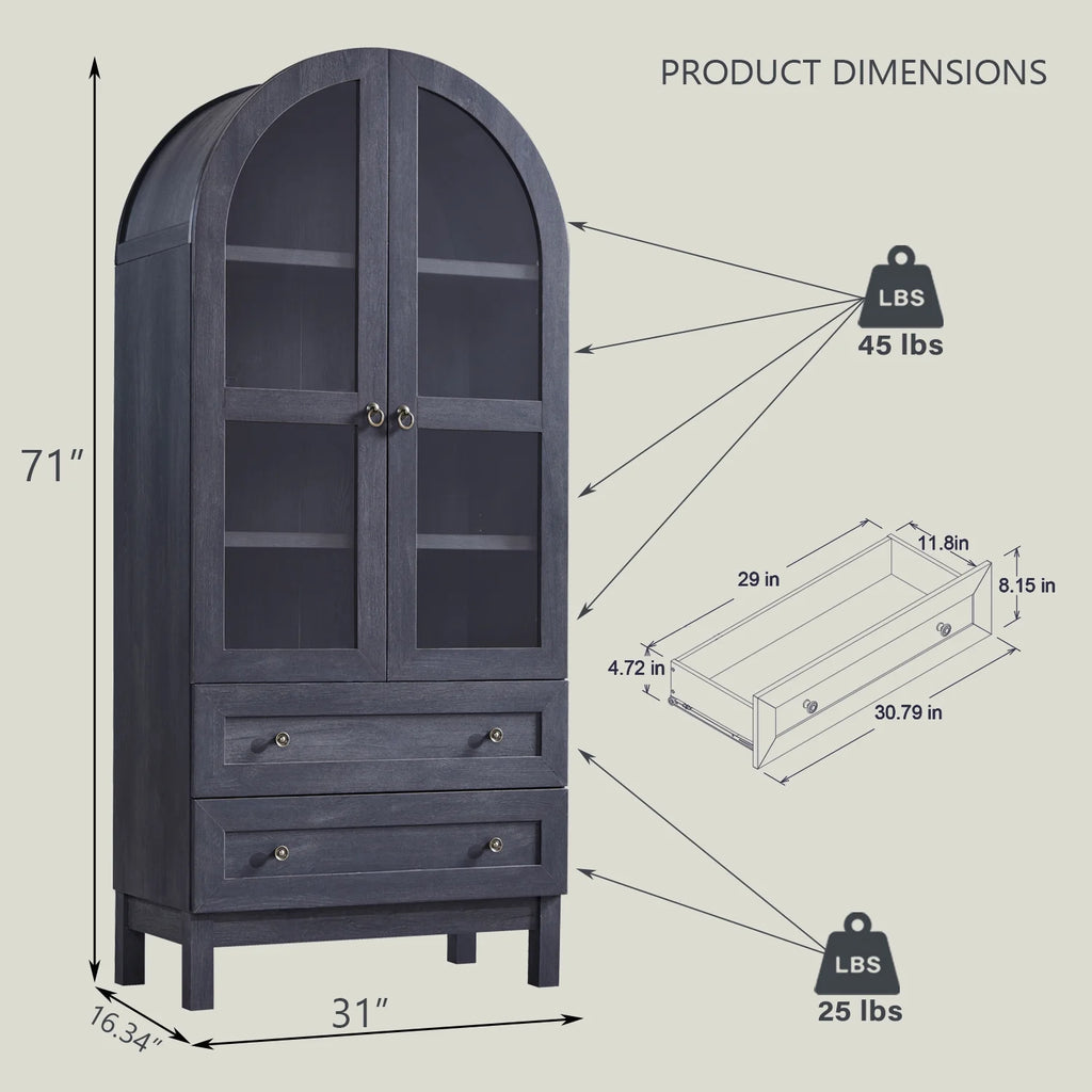 SinCiDo Arched Kitchen Pantry Storage Cabinet, 71-Inch Tall Wood Adjustable Shelves, 2 Doors, 2 Drawers