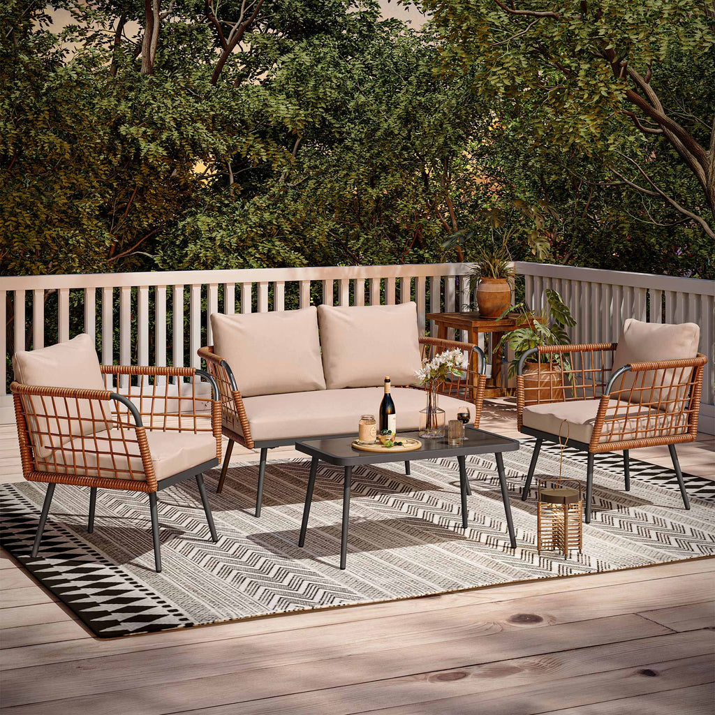 LAUSAINT HOME 4 Pieces Outdoor Conversation Sets, Patio Metal Frame Sofa with Wood Loveseat and Coffee Table, Beige Cushions