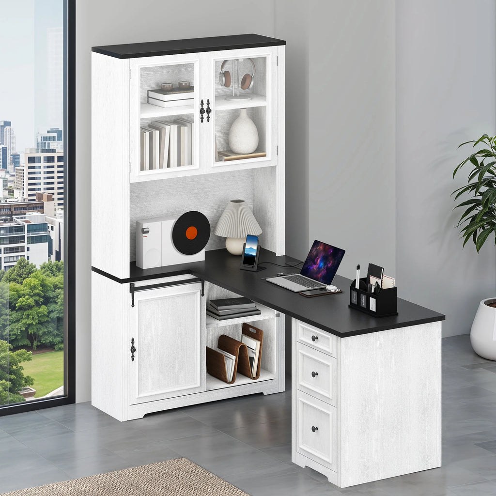 Craftian Executive Desk with Hutch, L Shape Computer Desk, Wood Office Desk with Storage Cabinet, White