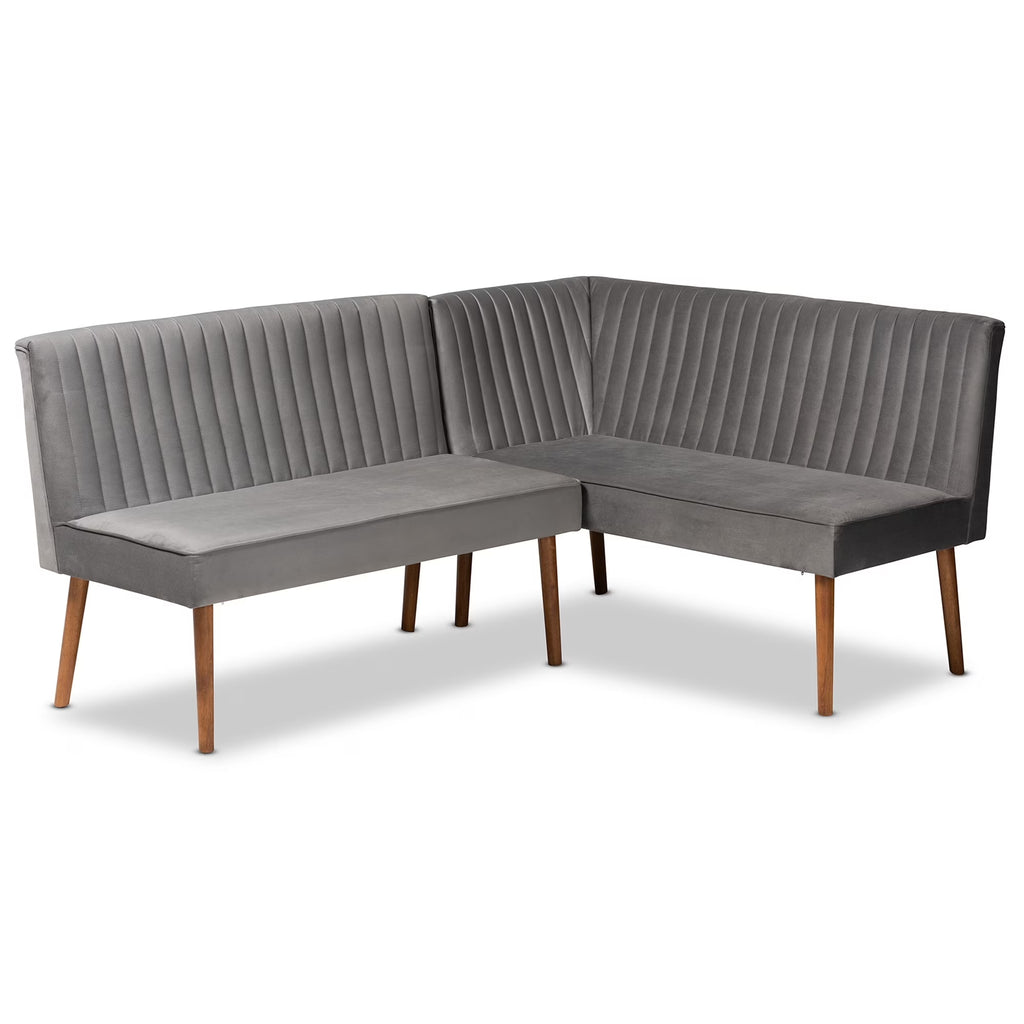 Baxton Studio Alvis Mid-Century Velvet Dining Nook Banquette Set(2PC) Emerald Green, Walnut Brown