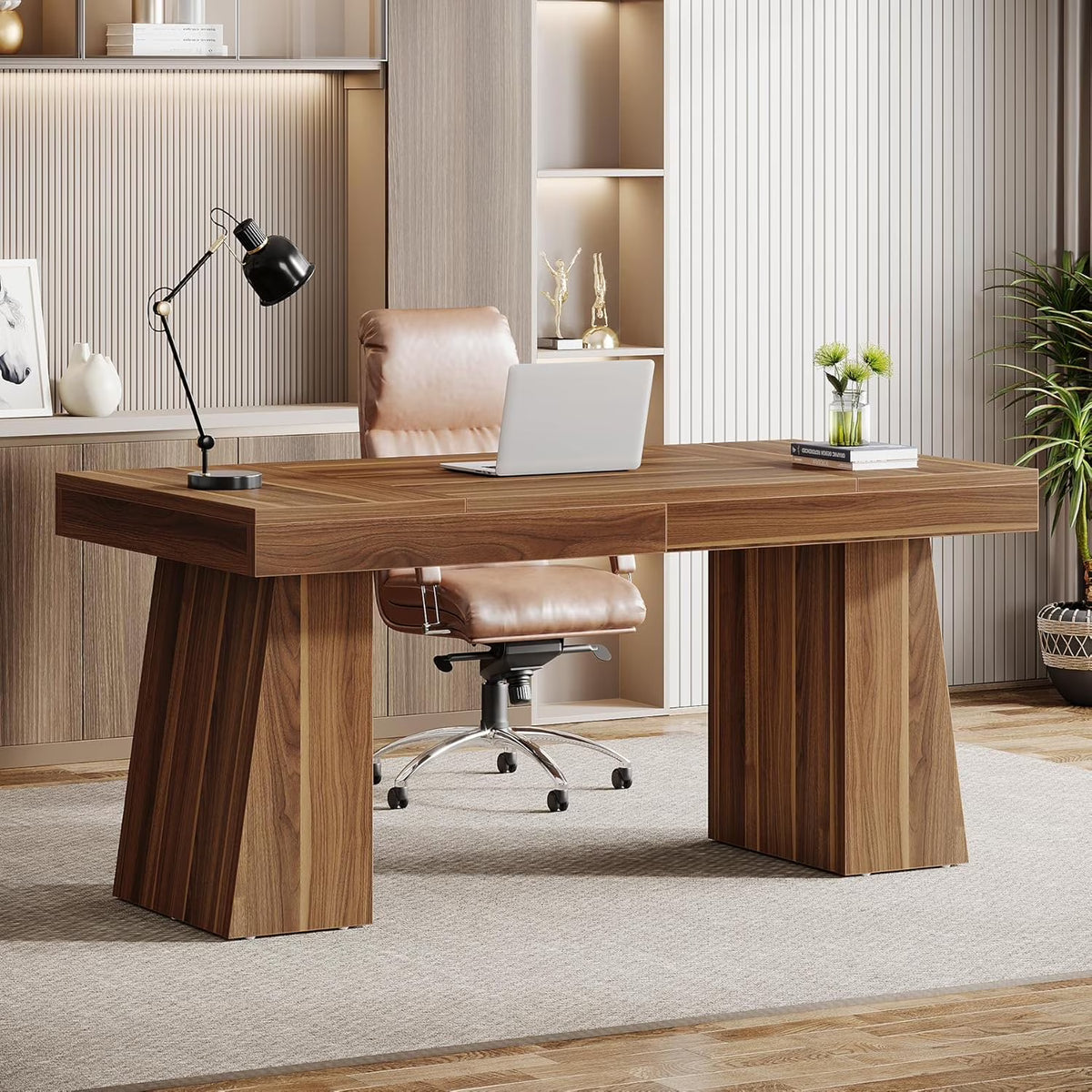 Tribesigns 55 Inches Executive Desk, Mid-Century Modern Home Office Desk with Double Trapezoid Base
