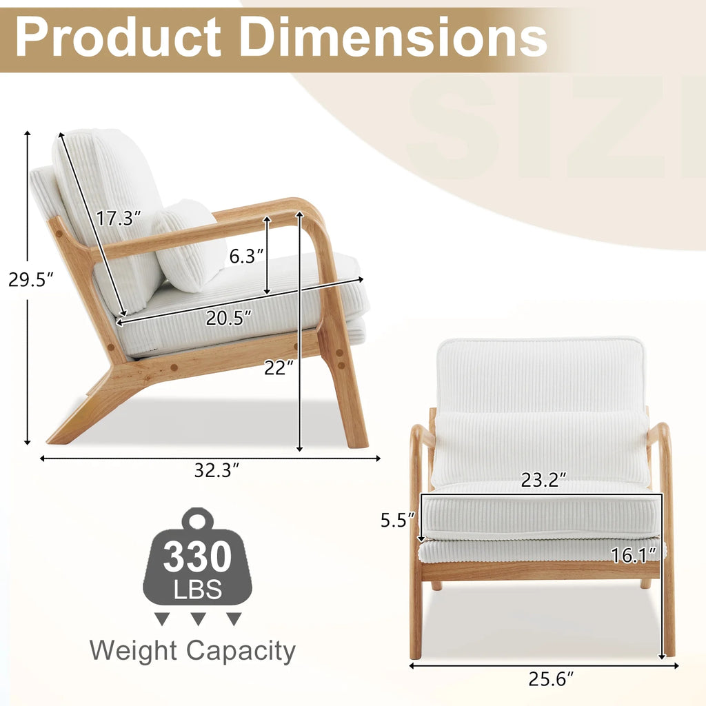 Ktaxon Accent Chair Corduroy Upholstered Armchair, Reading Club Chair with Pillow and Solid Wood Frame for Living Room Bedroom Furniture Off White