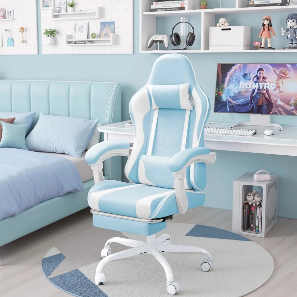 Lacoo PU Leather Gaming Chair Massage Ergonomic Gamer Chair Height Adjustable Computer Chair with Footrest & Lumbar Support, White