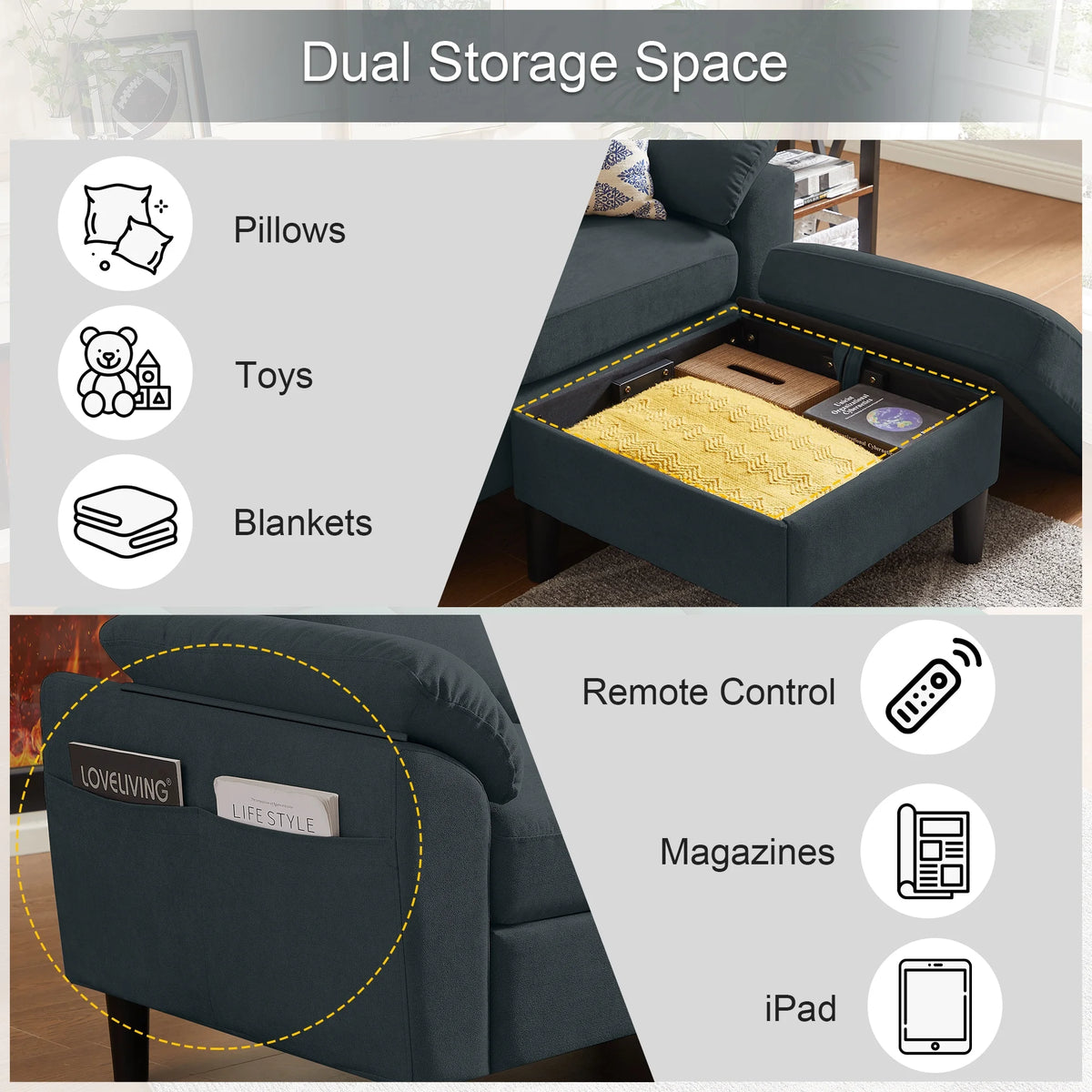 Pingliang Home Sectional Sofa Couch with Storage Ottoman,Modern 3 Seat L Shaped Sofa Couch for Living Room Apartment Studio Office