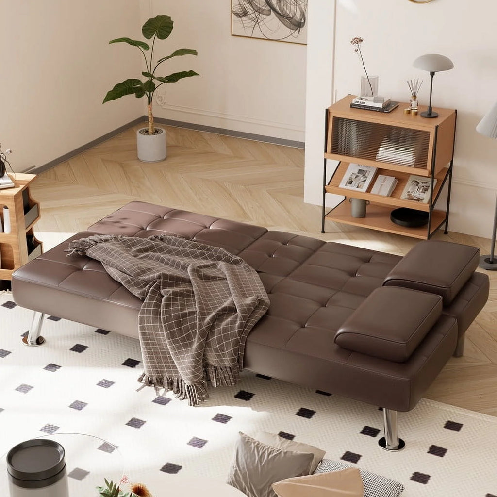 Furmax Futon Sofa Bed Convertible Folding Faux Leather Couch with 2 Cup Holders,Black