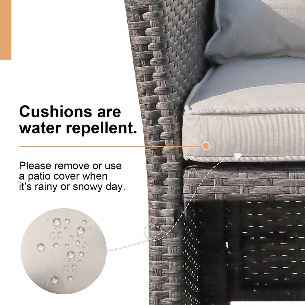Outdoor Wicker Love Seat and Coffee Table Set, Weather Resistant Grey Rattan, Patio Furniture with Gray Cushions & Storage Bin