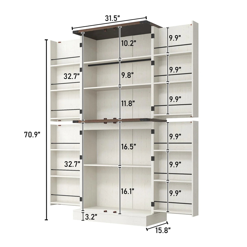 71" Tall Farmhouse Kitchen Pantry with 12 Side Shelves & Adjustable Shelves, 5 Layers Pantry Storage Cabinet w/Load-Bearing Steel Pipe & 4 Barn Doors for Kitchen, Dining Room, Living Room, Brown