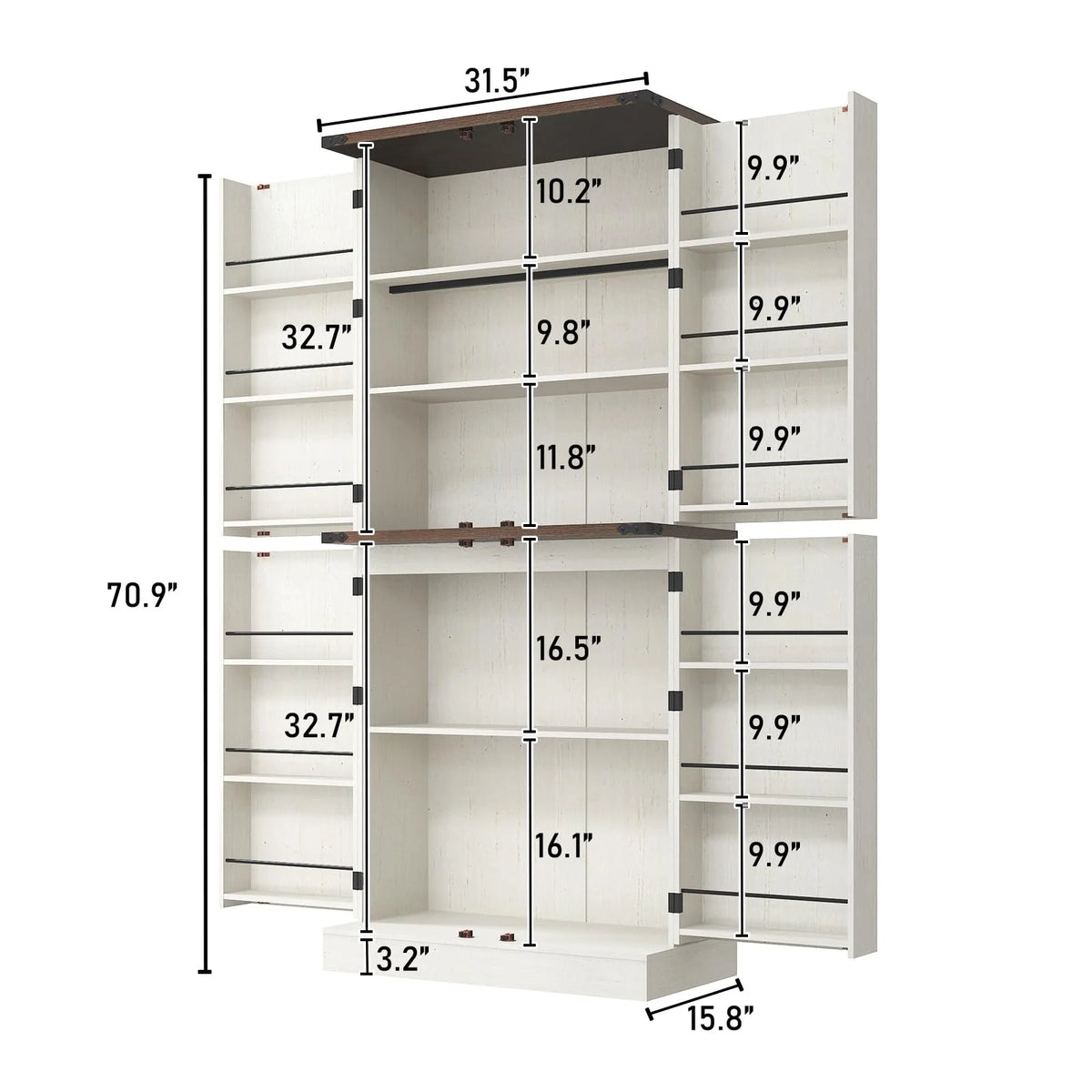 71" Tall Farmhouse Kitchen Pantry with 12 Side Shelves & Adjustable Shelves, 5 Layers Pantry Storage Cabinet w/Load-Bearing Steel Pipe & 4 Barn Doors for Kitchen, Dining Room, Living Room, Brown